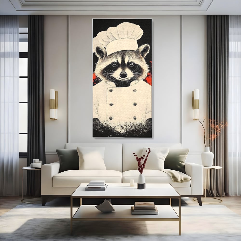 Tablou canvas cu tablou canvas cu raton bucatar, in rama de aluminiu argintiu, pe perete intr-un living